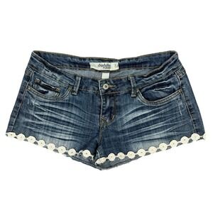 Charlotte‎ Russe Low-Rise Y2K Denim Shorts 8 Crochet Lace Festival Distressed